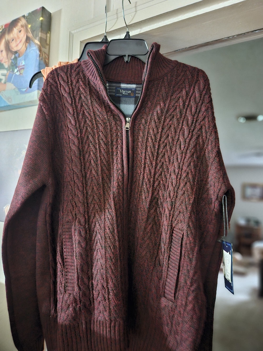 Visitor Large Flannel Luned Burgundy Cable Knit Full-Zip Sweater